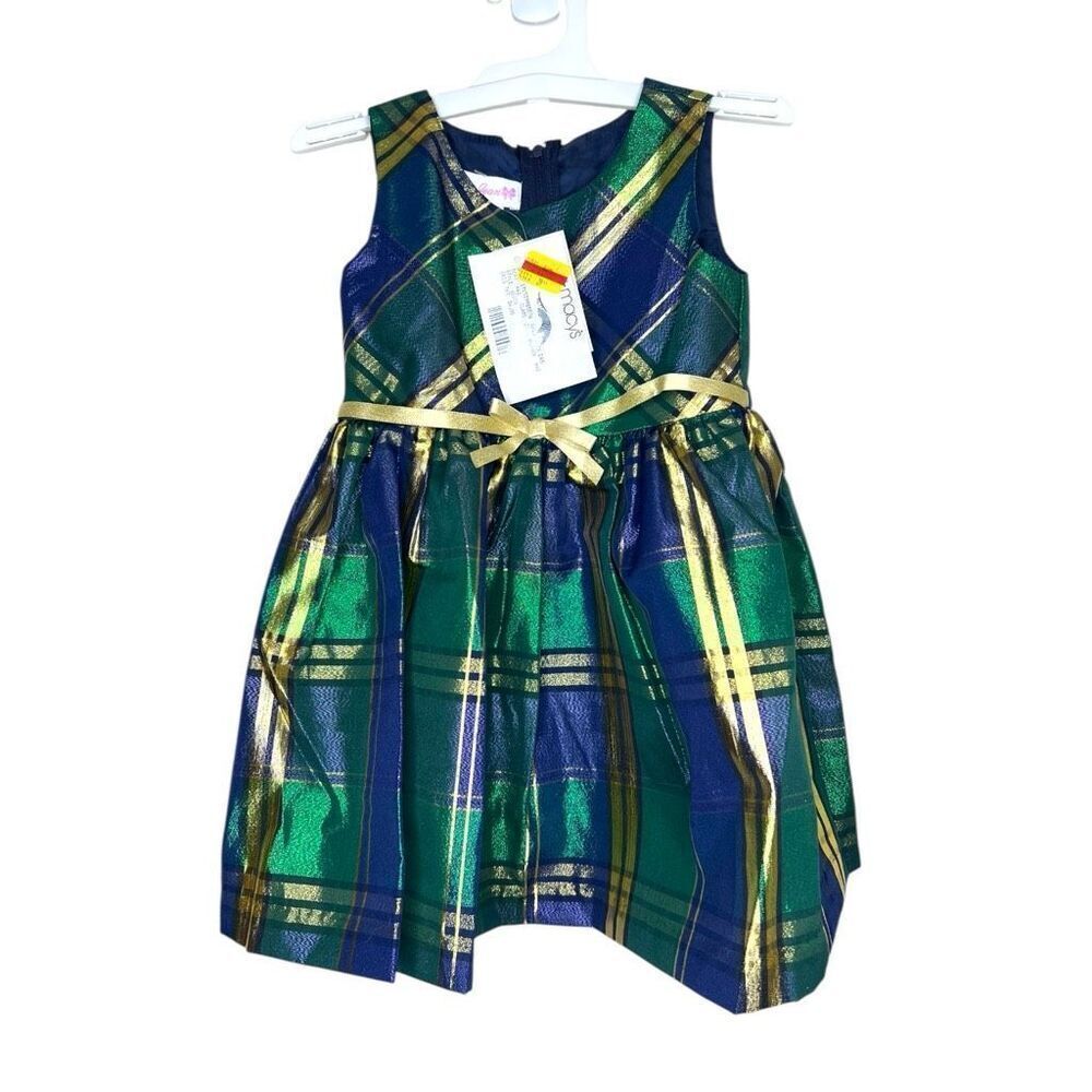 NEW Bonnie Jean Girls Holiday Metallic Plaid Dress Green/Blue/Gold 3T‎